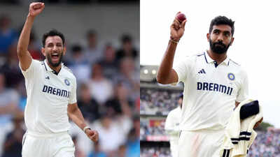 Prasidh Krishna and Jasprit Bumrah strategizing on the field